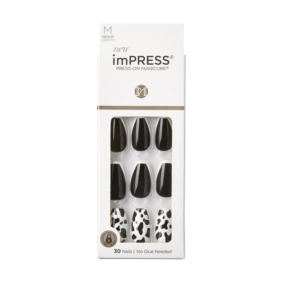 KISS imPRESS No Glue Needed Press On Nails, Design, Cowgirl, Black, Medium Coffin, 30 Count