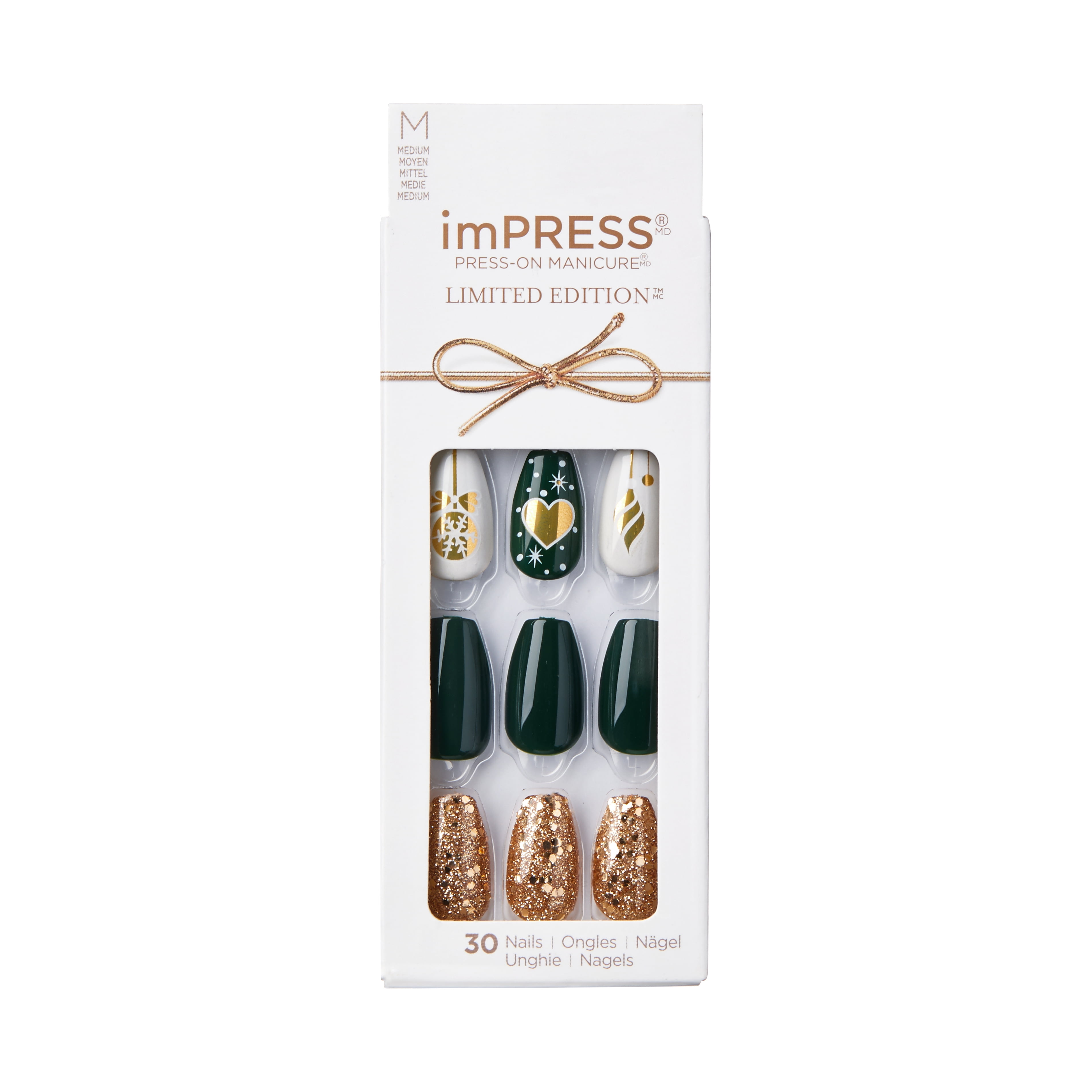 KISS imPRESS No Glue Needed Press On Nails, Design, Deck the Halls, Green, Medium Coffin, 30 Count