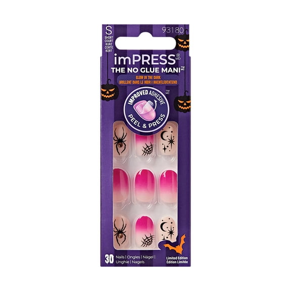 KISS imPRESS No Glue Needed Press On Nails, Design Glow in the Dark, My Nightmare, Pink, Short Oval, 30 Count