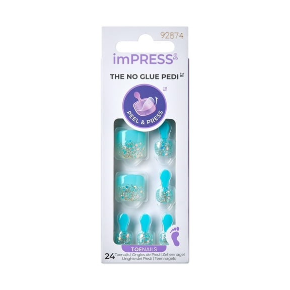 KISS imPRESS No Glue Needed Press On Nails, Design, Last Flowers, Blue, Short Squoval, 24 Count