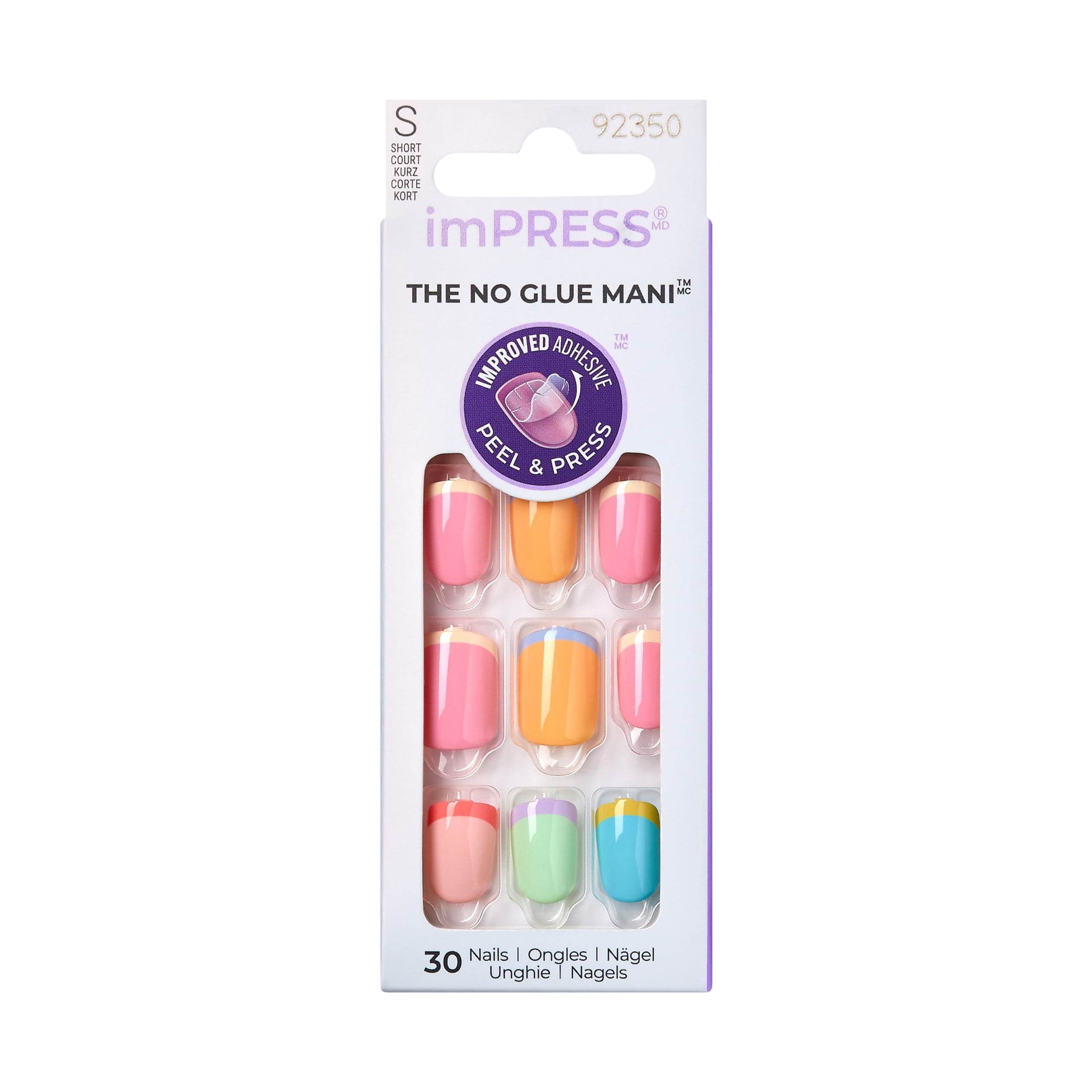 KISS imPRESS No Glue Needed Press On Nails, Design, Me Time, Multicolor, Short Squoval, 30 Count
