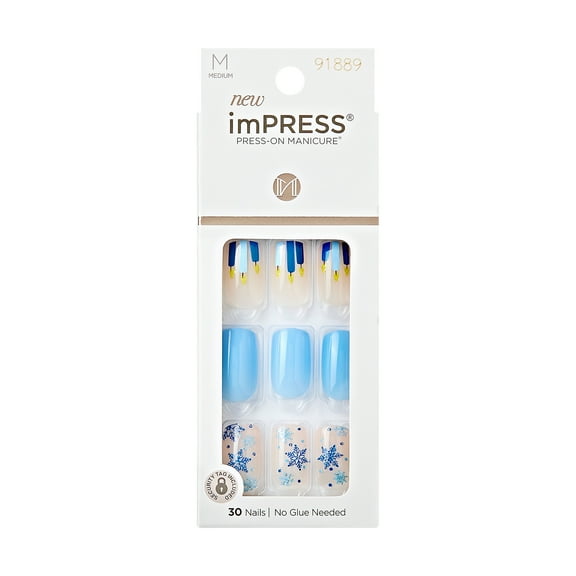 KISS imPRESS No Glue Needed Press On Nails, Design, Noble light, Blue, Medium Squoval, 30 Count