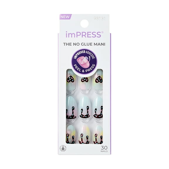 KISS imPRESS No Glue Needed Press On Nails, Design, Spoonful Joy, Blue, Medium Coffin, 30 Count