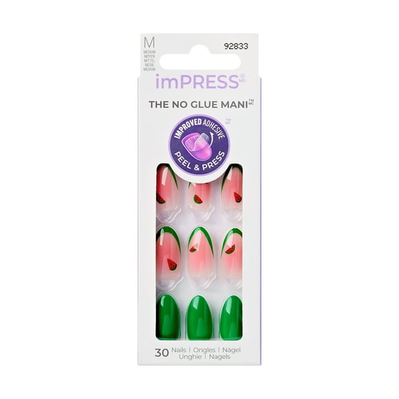 KISS imPRESS No Glue Needed Press On Nails, Design, Stay Salty, Green, Medium Almond, 30 Count