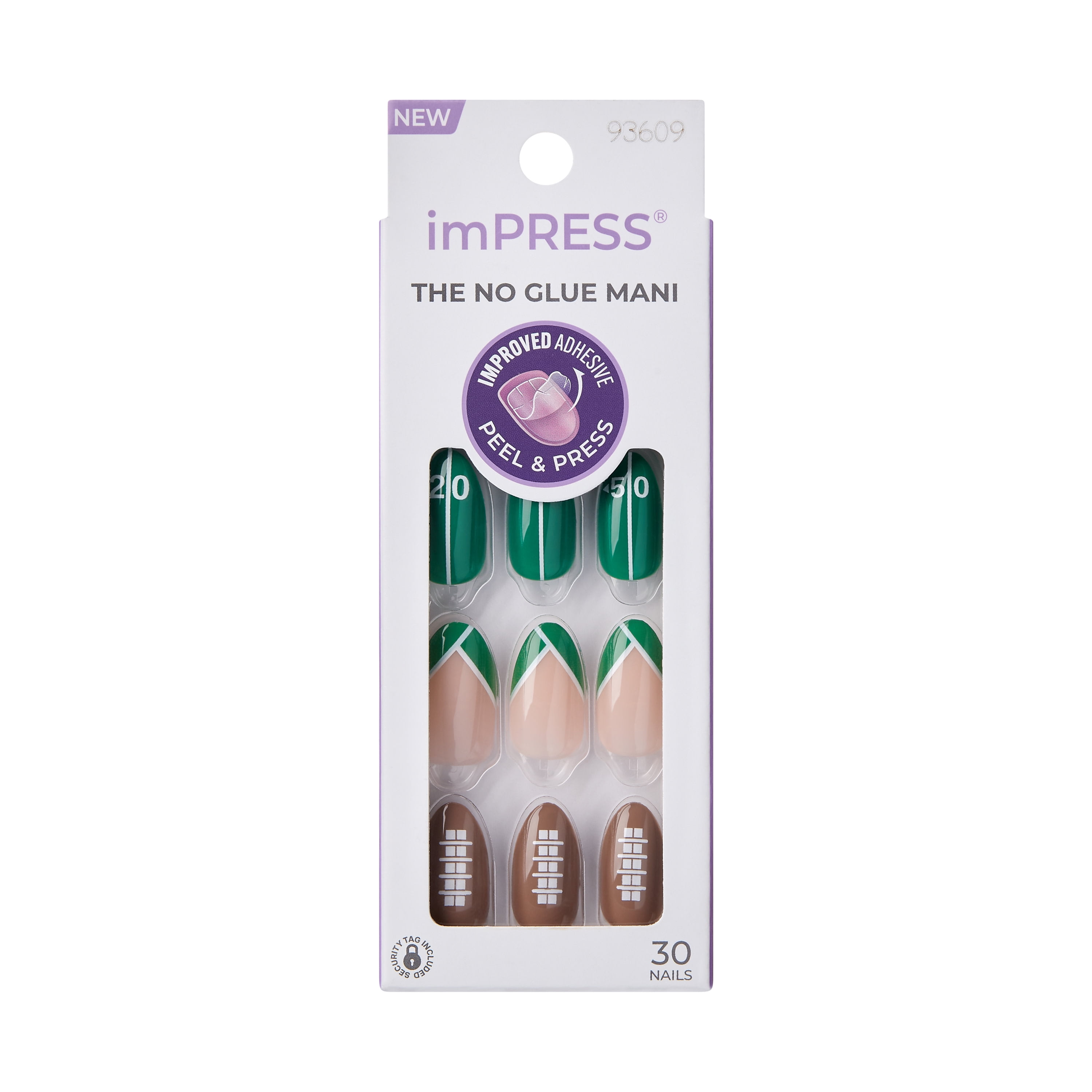 KISS imPRESS No Glue Needed Press On Nails, Design, Touchdown, Green, Medium Almond, 30 Count