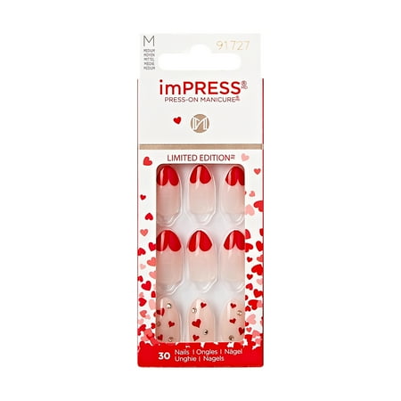 KISS imPRESS No Glue Needed Press On Nails, Design, You Are A Keeper, Red, Medium Almond, 30 Count