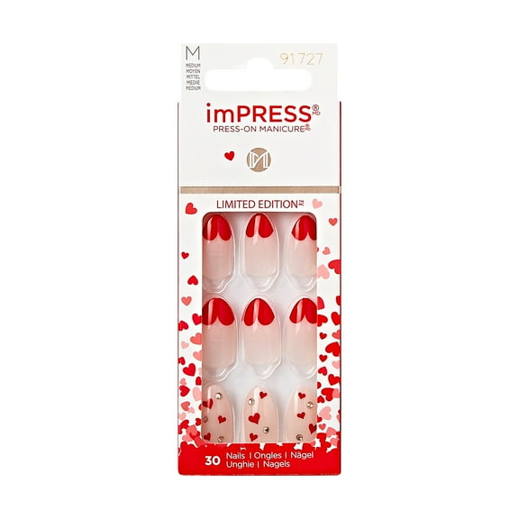 imPRESS Valentine Press-On Nails, No Glue Needed, Red, Medium Almond, 33 Ct.