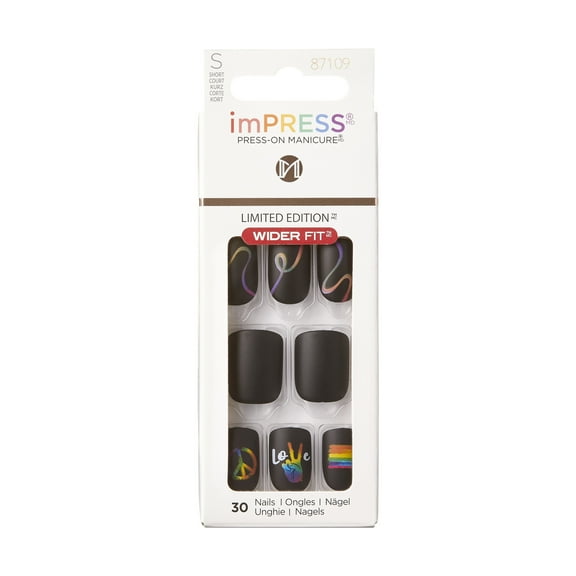 KISS imPRESS No Glue Needed Press On Nails, Design, loveislove, Black, Short Wider Squoval, 30 Count