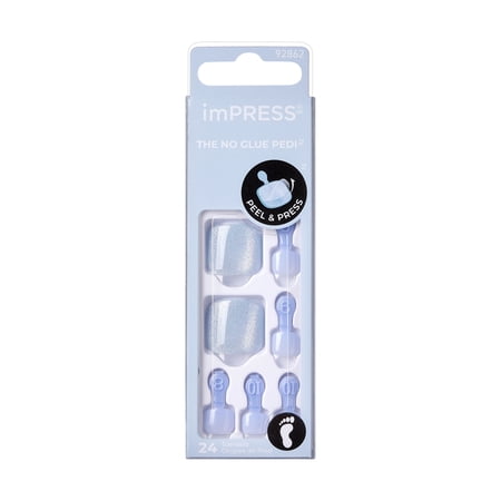 KISS imPRESS No Glue Needed Press On Nails, Toenails, Catch Rays, Blue, Short Squoval, 24 Count