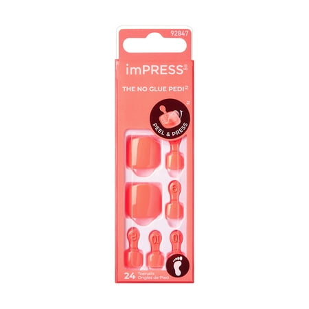 KISS imPRESS No Glue Needed Press On Nails, Toenails, Shell Yeah, Orange, Short Squoval, 24 Count