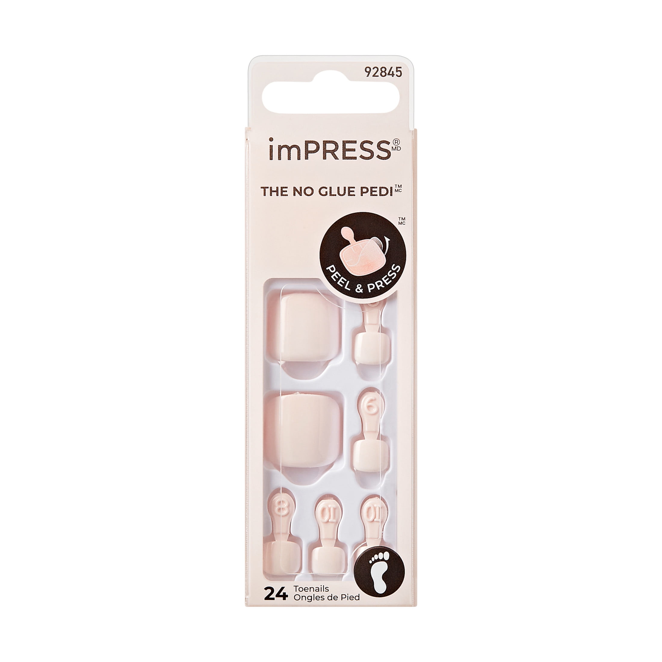 KISS imPRESS No Glue Needed Press On Nails, Toenails, Spun Sugar, Pink, Short Squoval, 24 Count