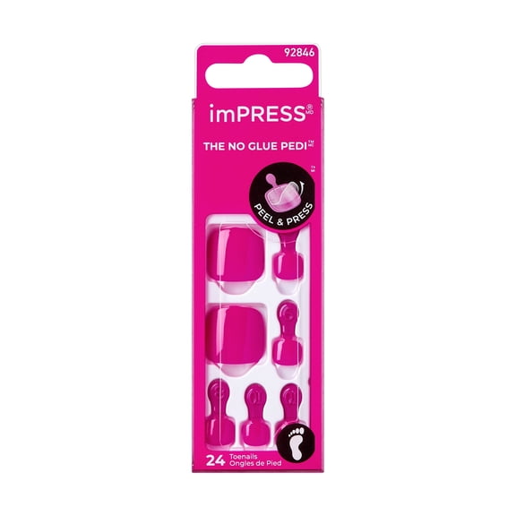 KISS imPRESS No Glue Needed Press On Nails, Toenails, Sweet as Honey, Pink, Short Squoval, 24 Count