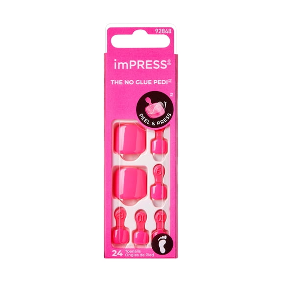 KISS imPRESS No Glue Needed Press On Nails, Toenails, Time After Time, Pink, Short Squoval, 24 Count