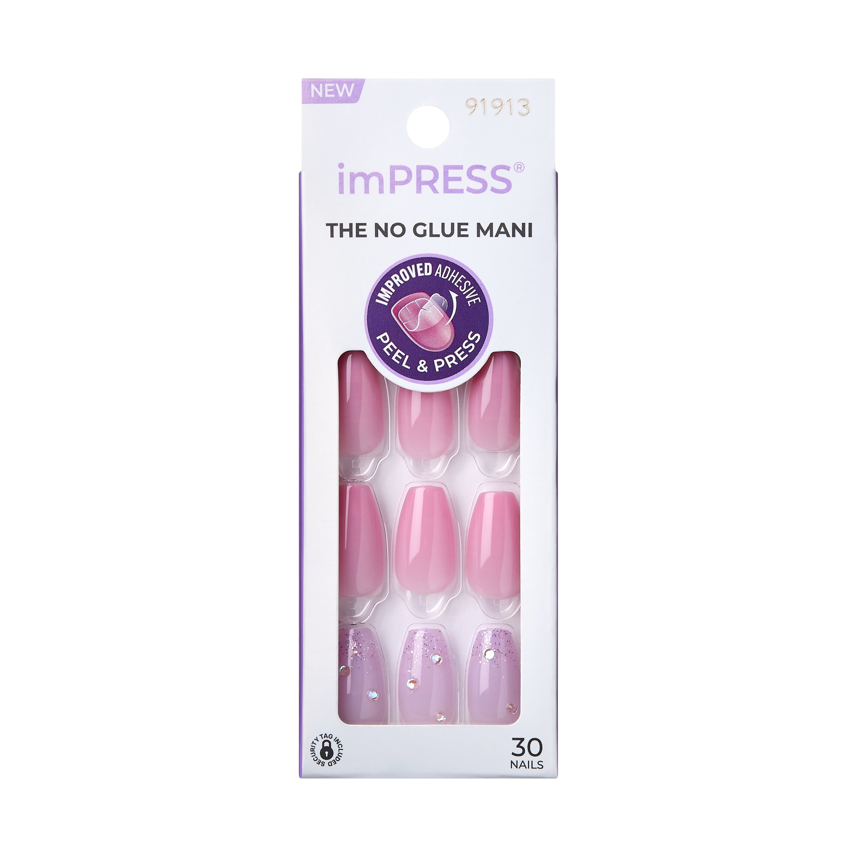 KISS imPRESS No Glue Needed Press On Nails, Design, Moonlit, Pink, Medium Coffin, 30 Count