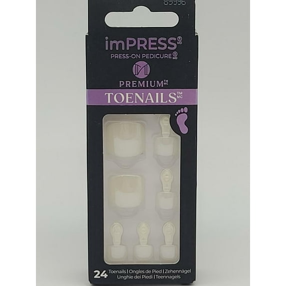 KISS imPRESS No Glue Pedi Press-On Toenails, White Nails with Pearl, Squoval Shape, Includes 24 Nails, Prep Pad, 1 Manicure Stick, 1 Mini File