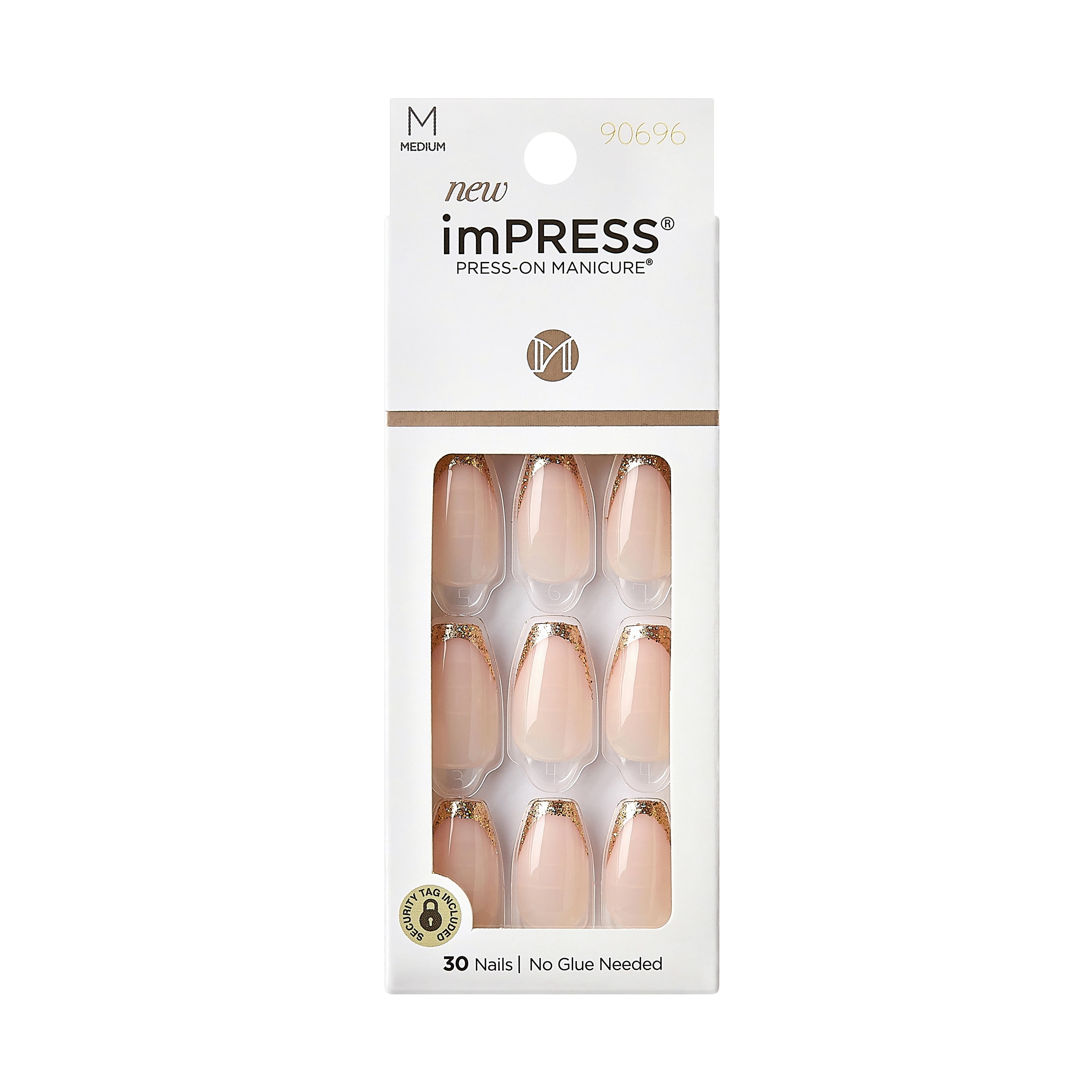 KISS imPRESS 'Playback' Press-On Nails, Gold, Medium Length, Coffin Shape, 33 Ct.