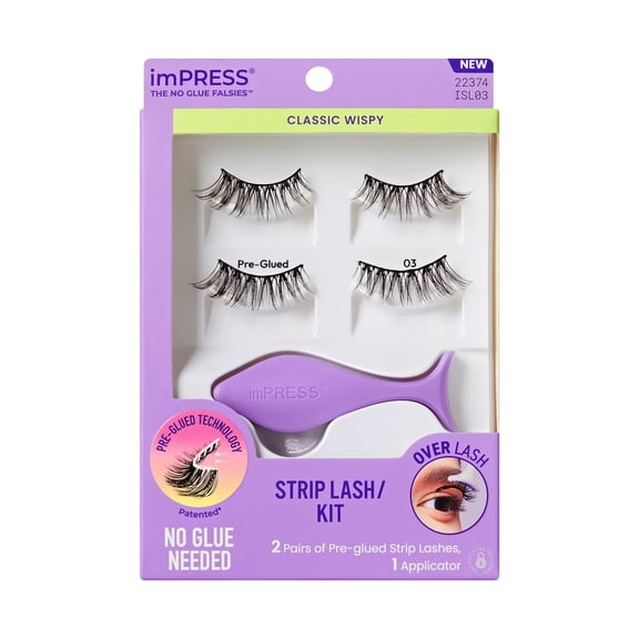 KISS imPRESS Pre-Glued Strip Lashes Kit,Classic Wispy, 2 Pair Self Adhesive Eyelashes
