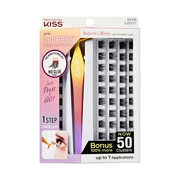 KISS imPRESS Falsies Self Adhesive Eyelashes, Natural & Wispy, 10mm-12mm-14mm, 50 Lash Clusters