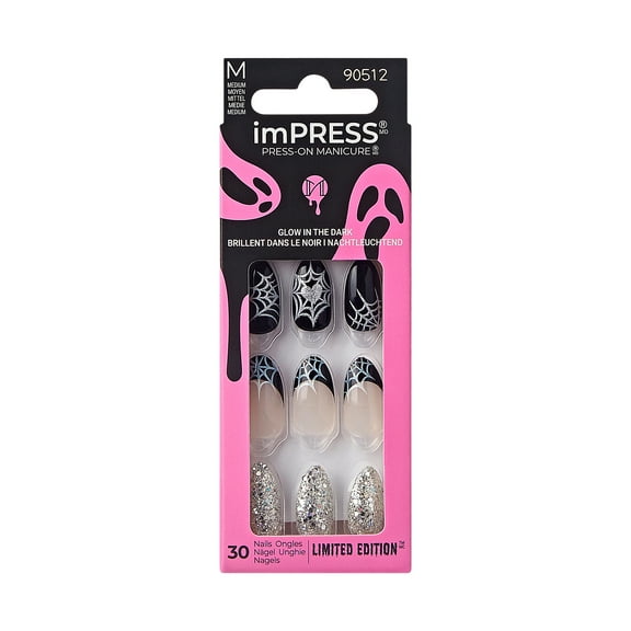 KISS imPRESS Press-On Manicure Halloween, Black, Medium Length, Almond Shape, 'Jump Scare', 33 Ct.