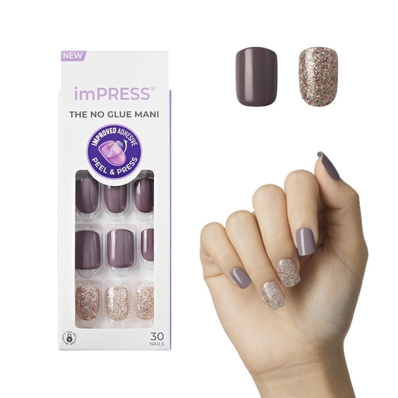 KISS imPRESS Press-On Manicure, Nail Kit, PureFit Technology, Short Press-On Nails, Square, 'Flawless', Includes Prep Pad, Mini Nail File, Cuticle Stick, and 30 Fake Nails Purple and Silver ALT2