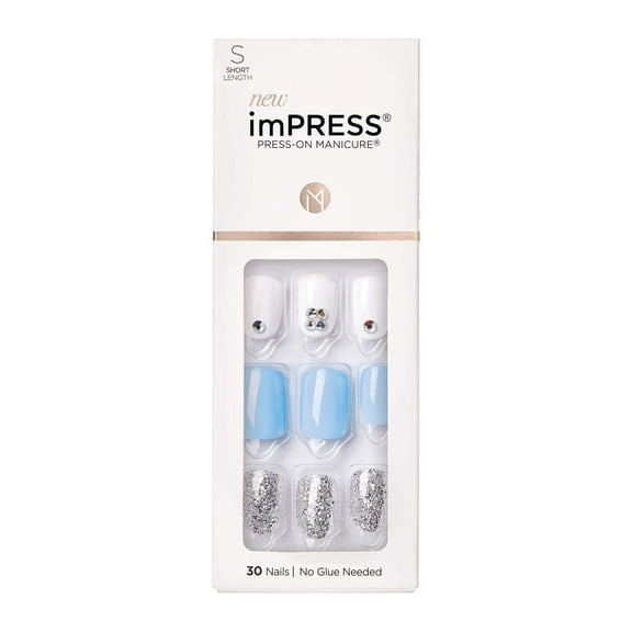 KISS imPRESS Press-On Manicure, Nail Kit, PureFit Technology, Short Press-On Nails, Square, 'I'd Rather Be', Includes Prep Pad, Mini Nail File, Cuticle Stick, and 30 Fake Nails