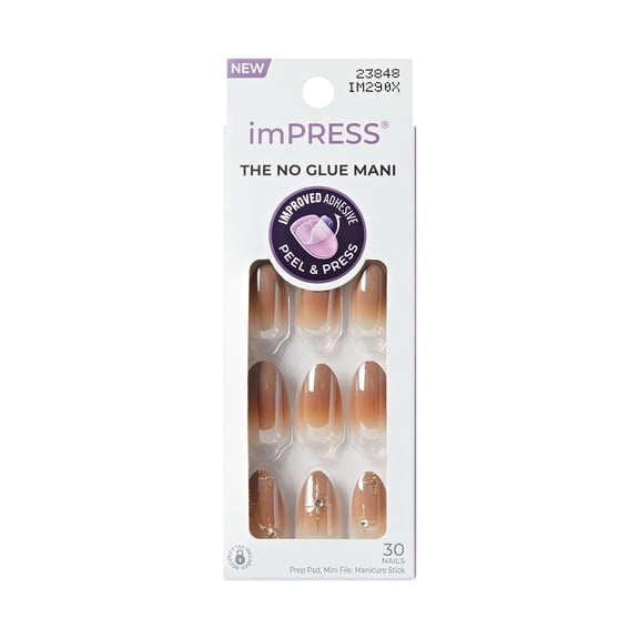 KISS imPRESS Press On Nails Almond, Crisp, Brown, Medium Length, 30 Count
