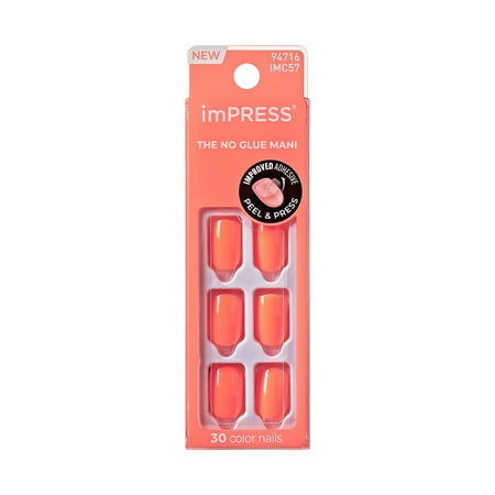 KISS imPRESS Color Press On Nails, 'Prime Time', Orange, Short Squoval, 30 Count