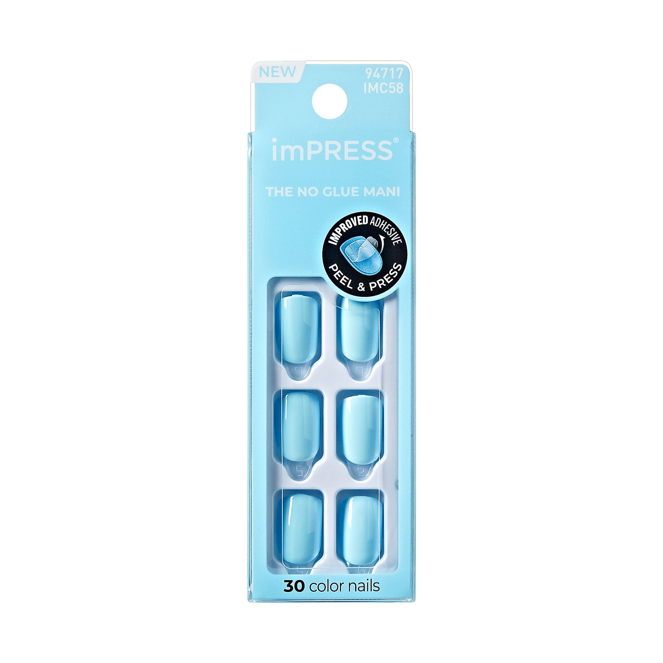 KISS imPRESS Press On Nails, Color, Quench It, Blue, Short Squoval, 30 Count