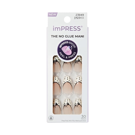 KISS imPRESS Press On Nails, Leafy, White, Medium Length Coffin Shape, 30 Count