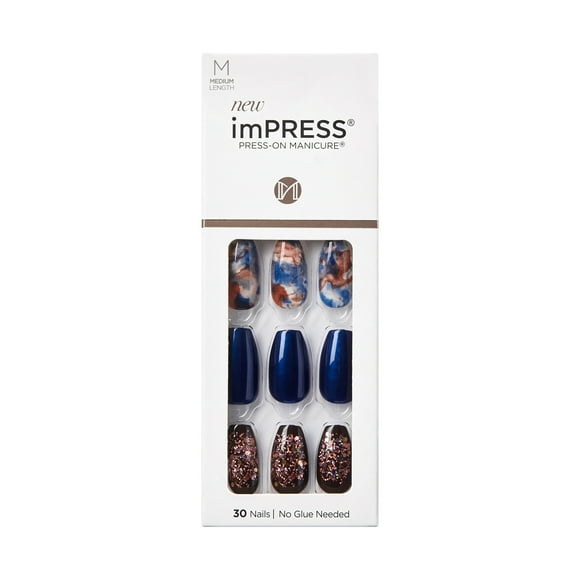 KISS imPRESS Press-On Nails, Medium Length, Indigo Autumn, 30 Count