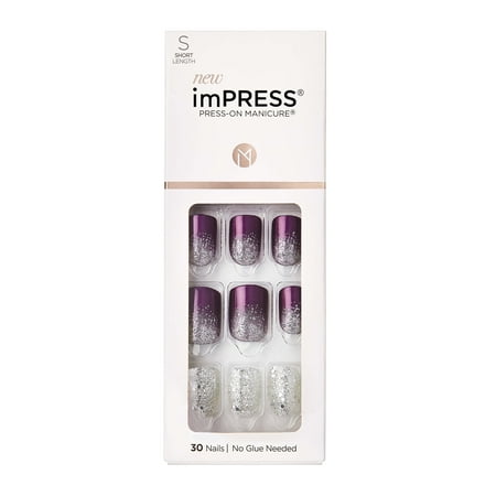 Kiss Impress Design Press On Nails Short, Heartquake, Purple, Squoval, 30 Count