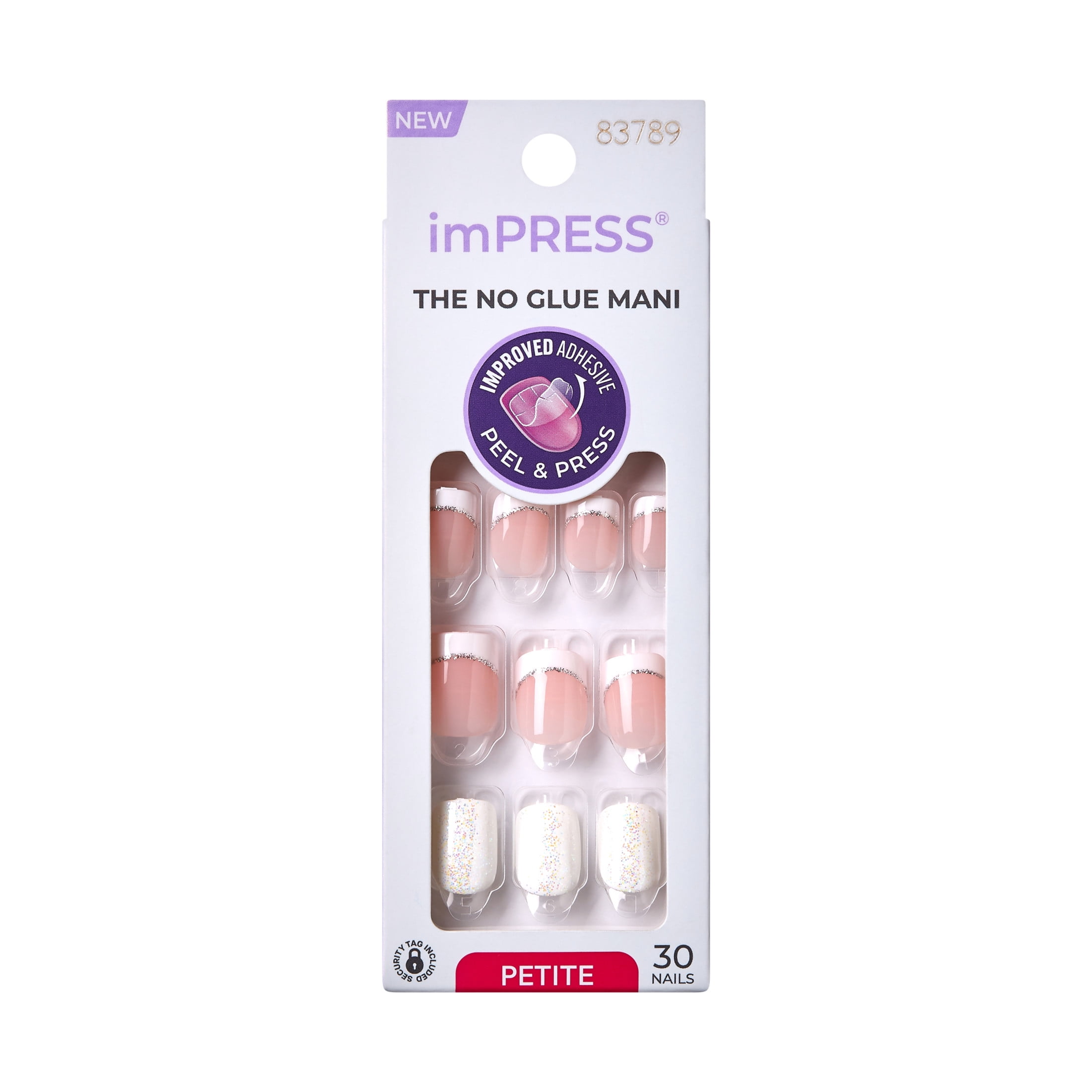 KISS imPRESS No Glue Needed Press On Nails, Design, Mini Me, White, Petite Squoval, 30 Count