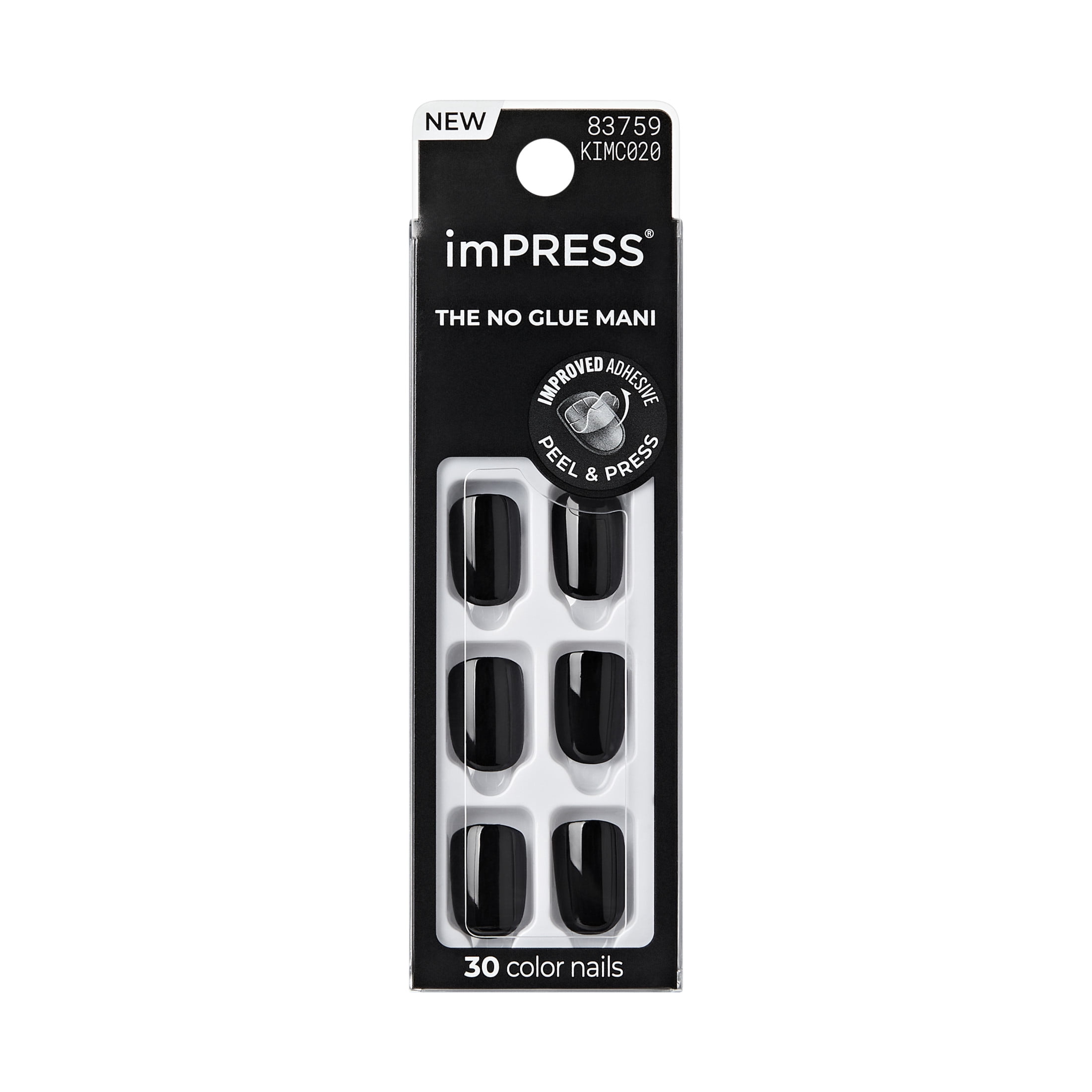 Kiss Impress Color Short Square Oval Press-On Nails with Glue, Black Solid, 30 Pieces