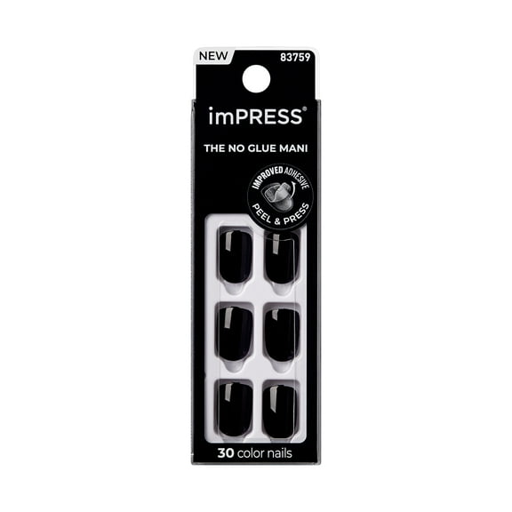 KISS imPRESS Color Short Squoval Press-On Nails with Glue, Black Solid, 30 Pieces