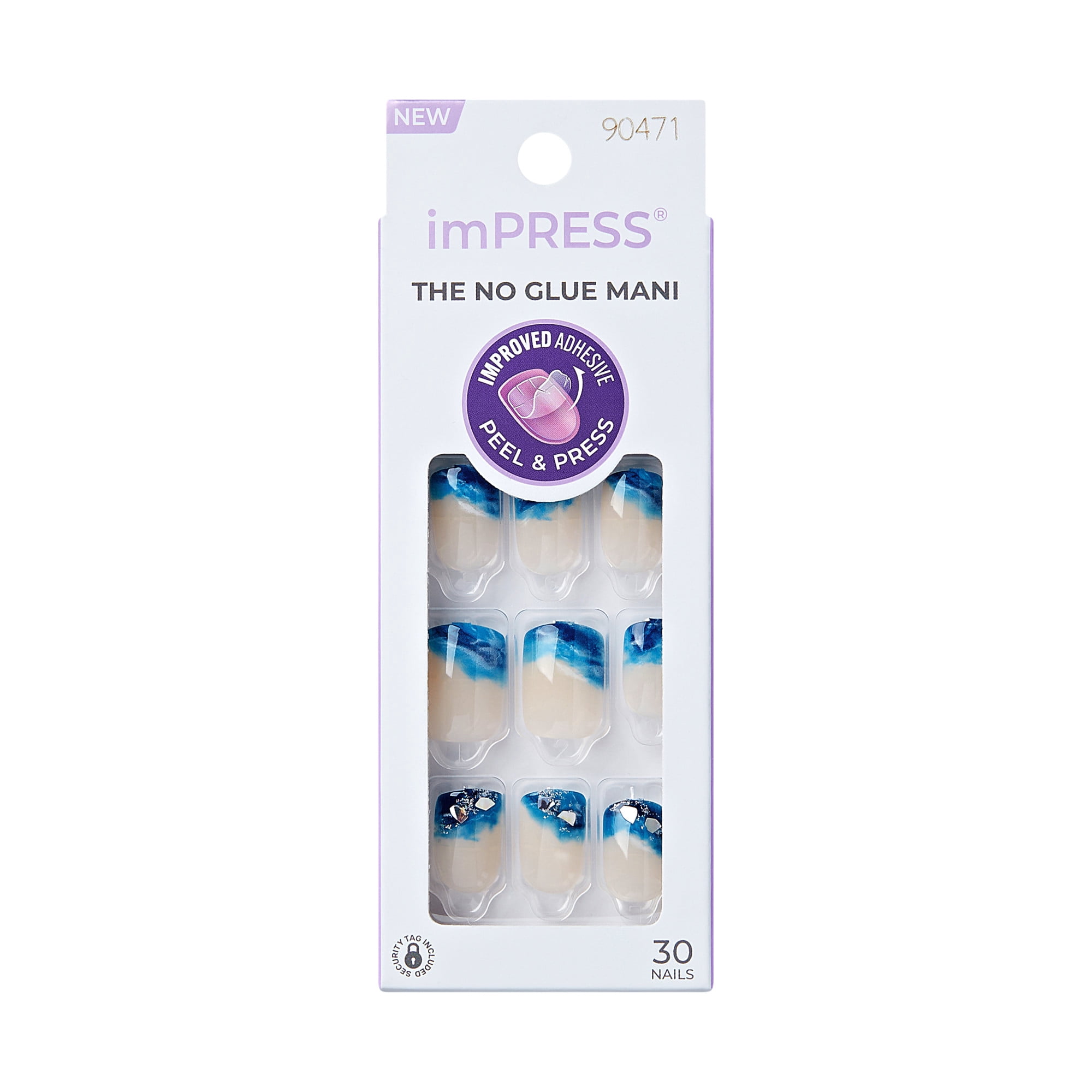 Impress Design Press On Nails , No Glue Needed, Blue & White, Short Length, Squoval Shape, 30 Ct.