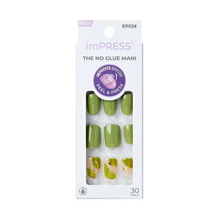 Impress Design Press On Nails , No Glue Needed, Green, Short Squoval, 33 Pieces