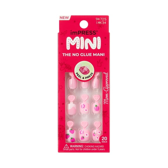 Impress Mini Press On Nails for Kids, ‘Berry Cute’, Pink, Squoval, 20 Count