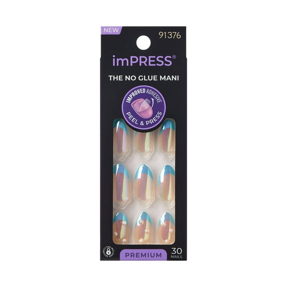KISS imPRESS Premium Press on Nails, Best Life, Blue, Medium Almond, 30 Count