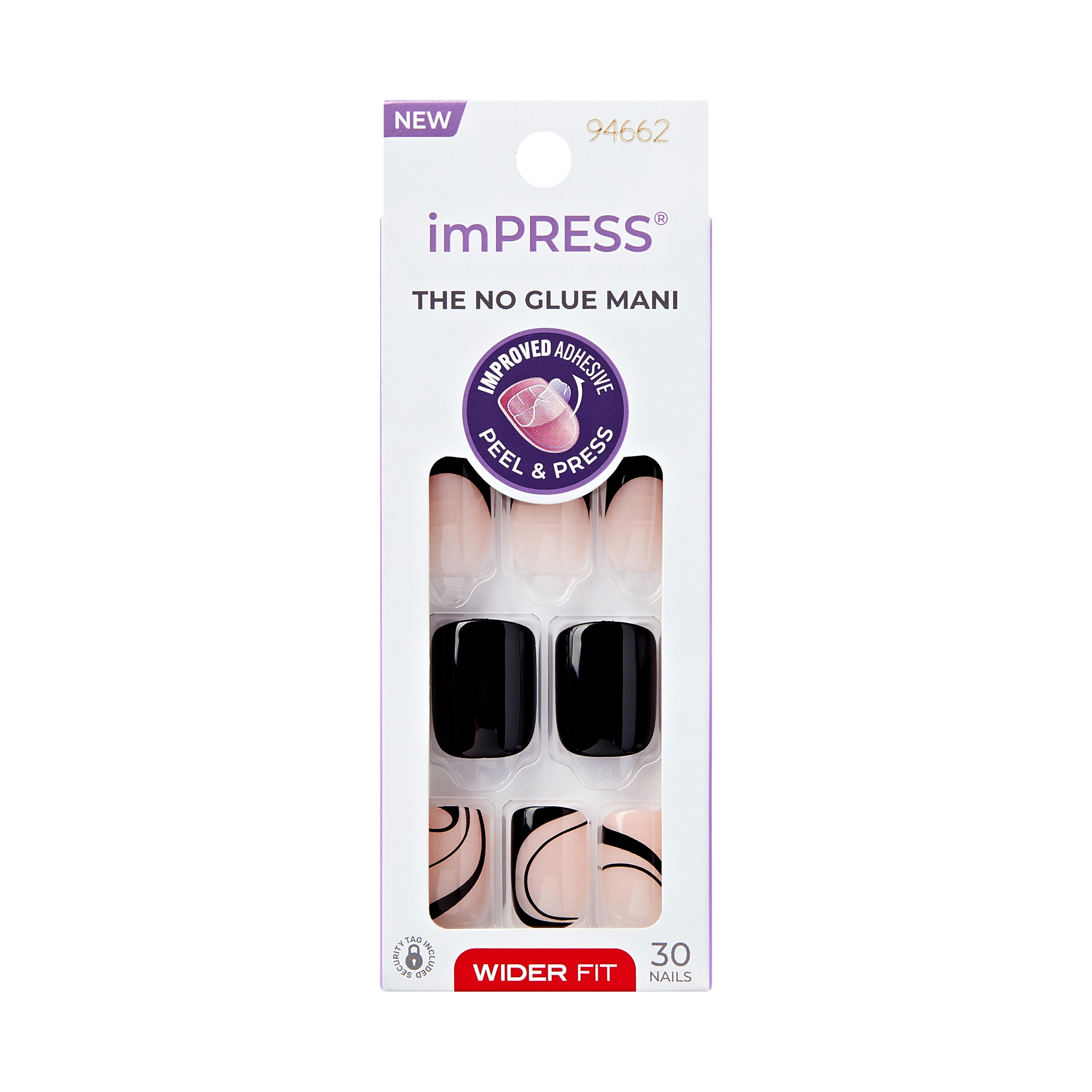 KISS imPRESS Press on Nails, Black Dress, Black, Wide Fit Squoval, 30 Count