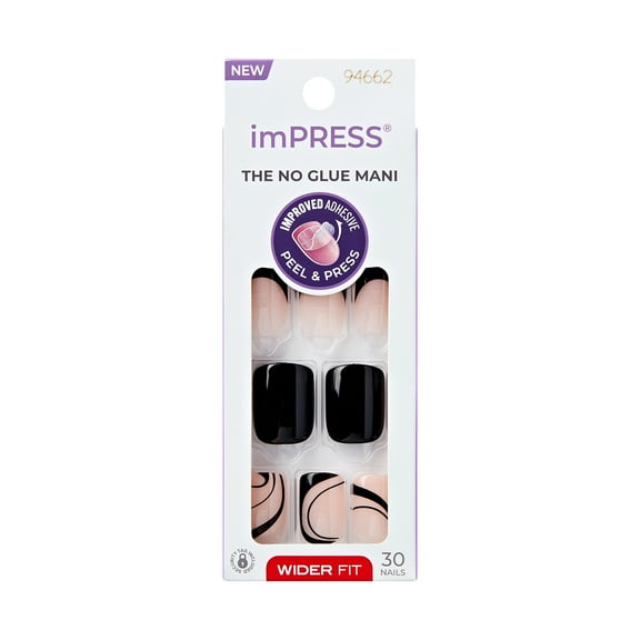 KISS imPRESS Press on Nails, Black Dress, Black, Wide Fit Squoval, 30 Count