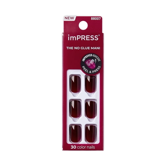 Impress Color Press On Nails, No Glue Needed, Dark Red, Short, Squoval Shape, 30 Ct.