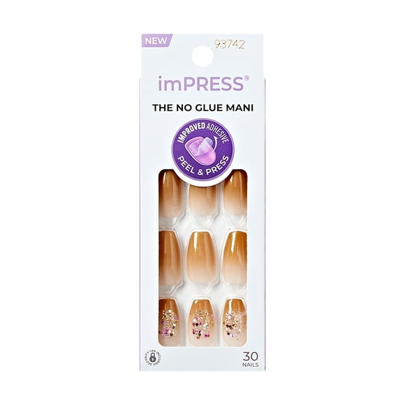 KISS imPRESS Press on Nails, Design, Fall in Coffee, Brown, Medium Coffin, 30 Count