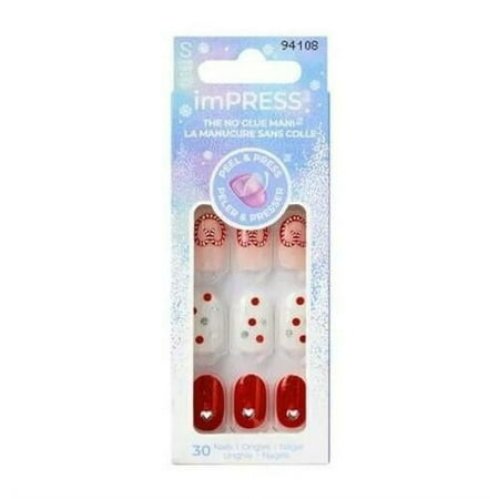 KISS imPRESS Holiday Press on Nails, Midwinter, Red, Short Oval, 30 Count