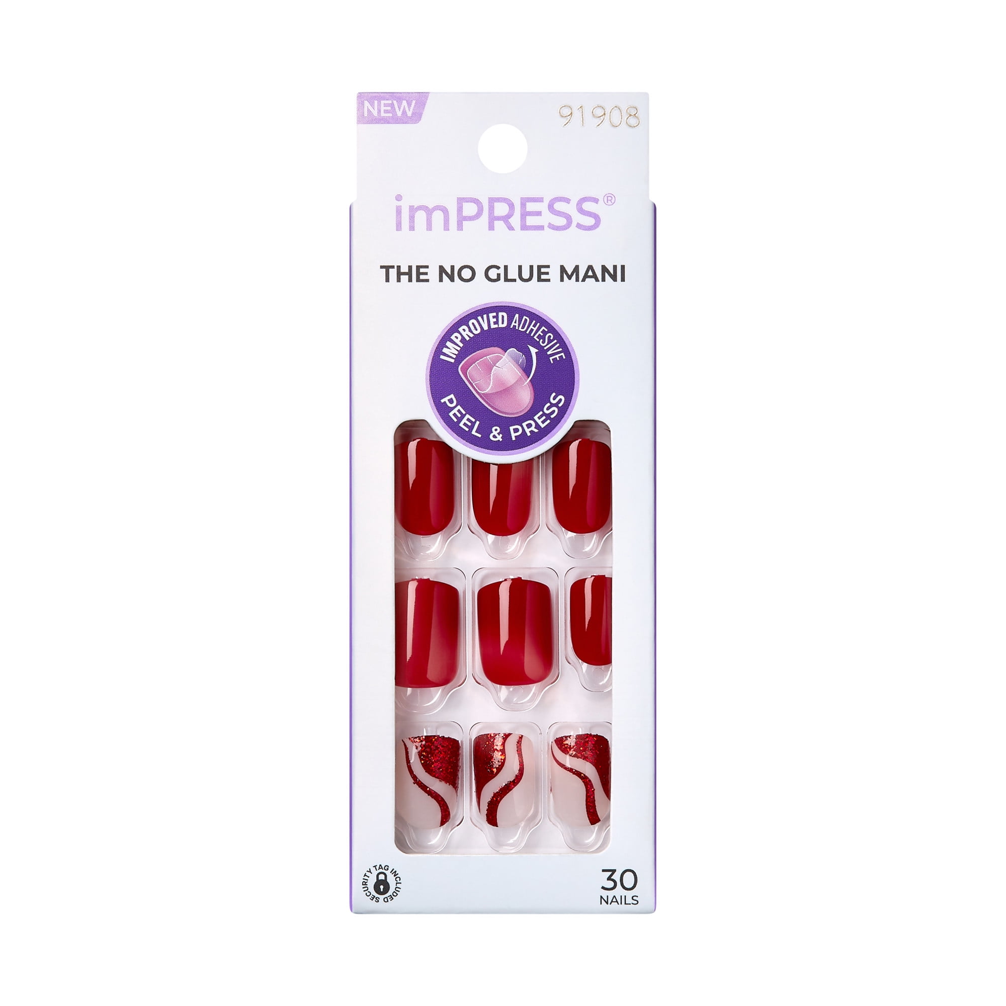 KISS imPRESS Design Press on Nails, Endlessly, Red, Short Squoval, 30 Count