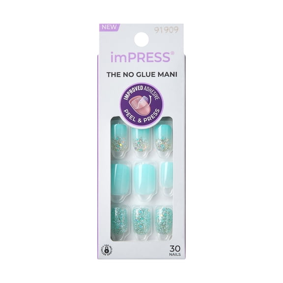 Impress Manicure Press On Nails, No Glue Needed, Blue, Short Squoval, 30 Ct.