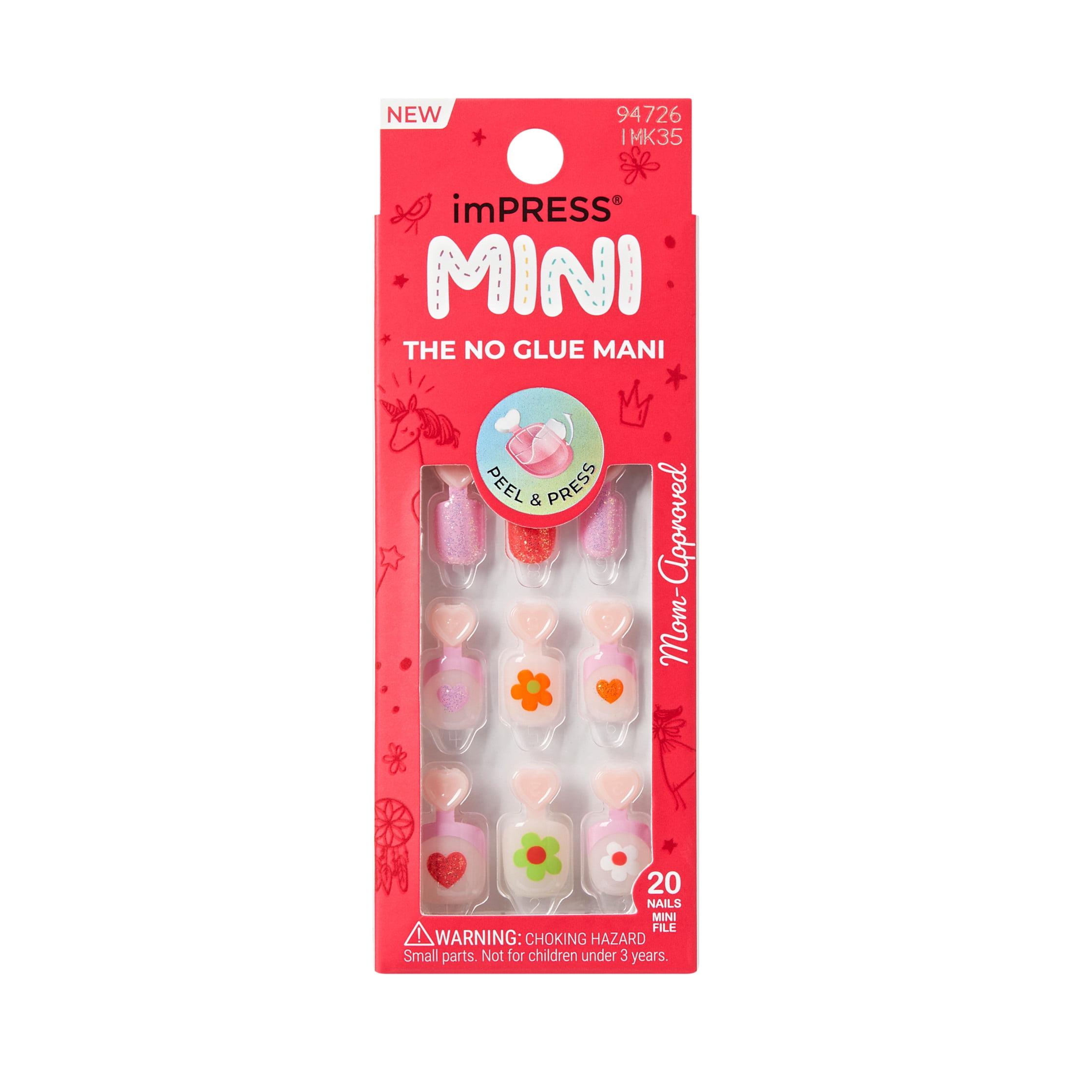 Impress Mini Press On Nails for Kids, Fairy Song, Pink, Squoval, 20 Count