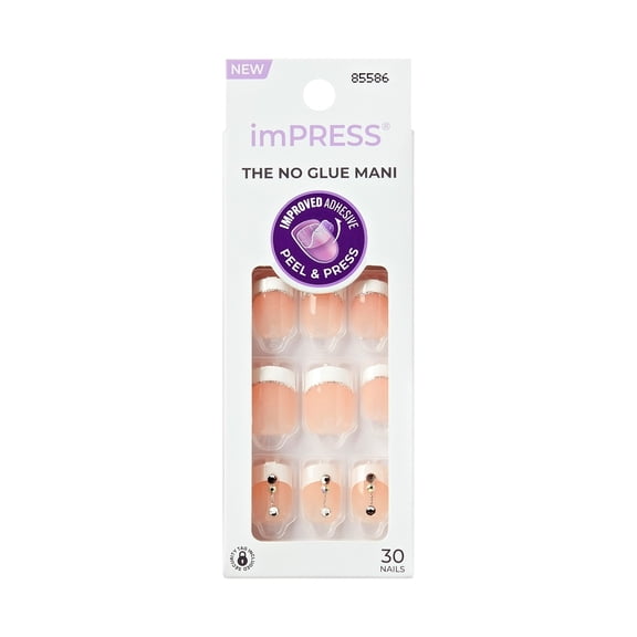 Kiss Impress Design Press On Nails , Falling, White French Tips, Short Squoval, 30 Count