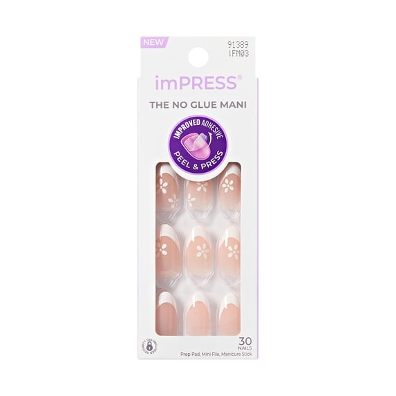 KISS imPRESS Modern French Tip Medium Almond Press-on Nails, White, 30 Pieces