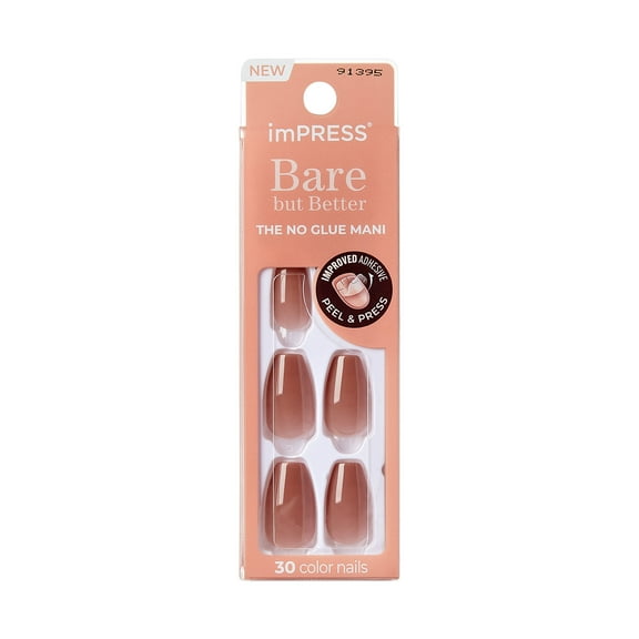 KISS imPRESS Bare but Better Press on Nails, Flare, Beige, Medium Coffin, 30 Count