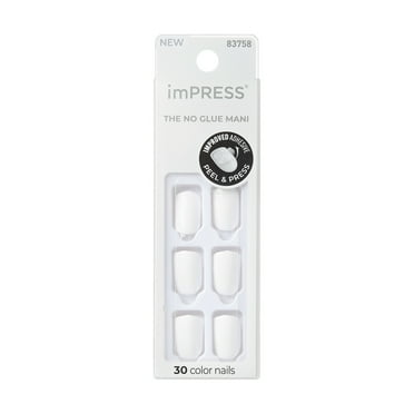 KISS imPRESS Color  Press on Nails, Frosting, White, Short Squoval, 30 Count